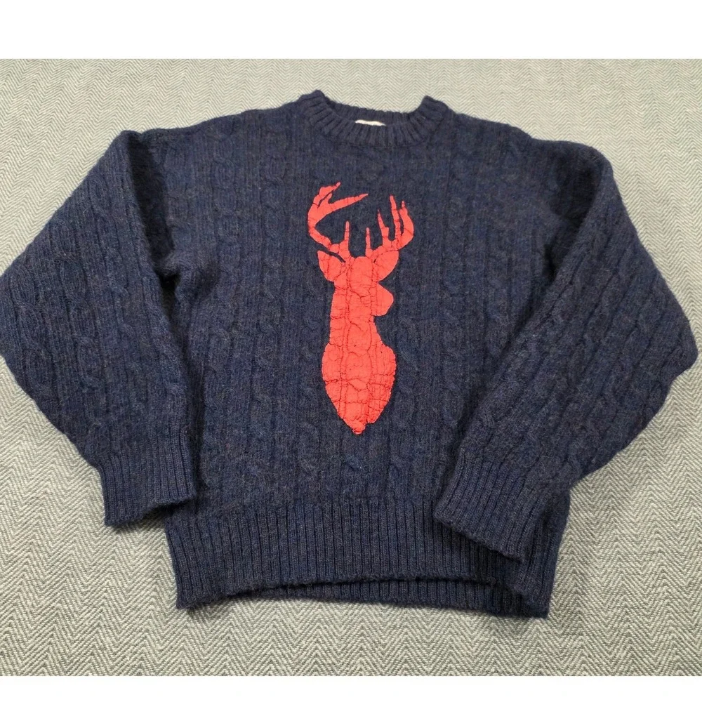 Alps Merrimac Valley Mens Navy Blue Cable Knit Wool Sweater Red Deer Head Size M